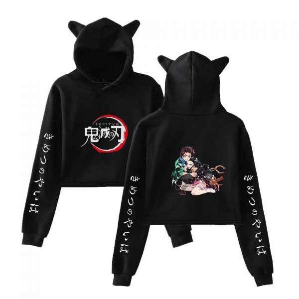 Demon Slayer Crop Top Hoodie  Tanjiro Protecting Nezuko Black / XS Official Demon Slayer Merch