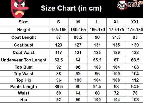 tomioka cosplay size chart